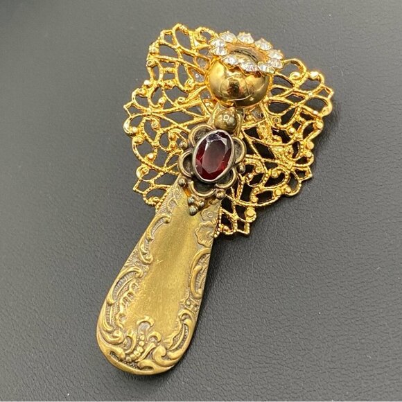Artisan Heavenly Angel Pin Made of Vintage Spoon and Real Garnet Centre - Picture 6 of 12